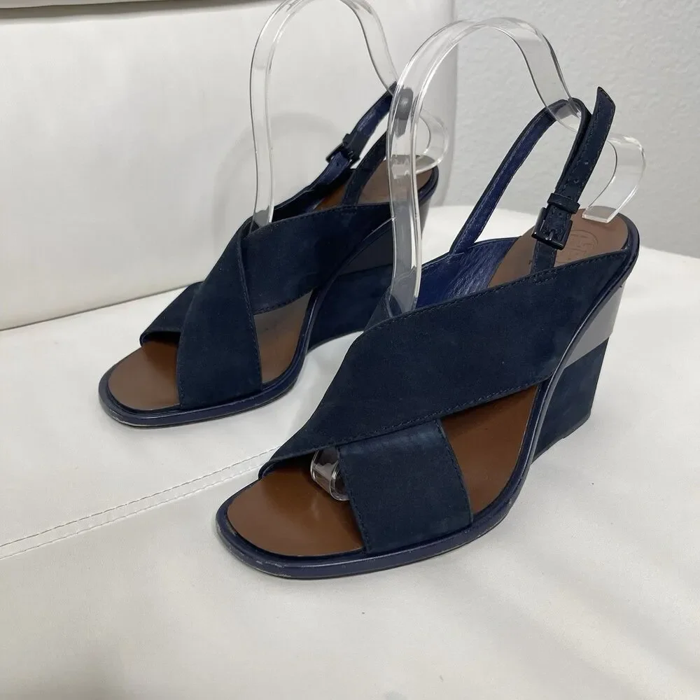 Tory Burch Slingback Wedge Sandals 7.5 Blue Suede Gabrielle Quiet Luxury Shoes